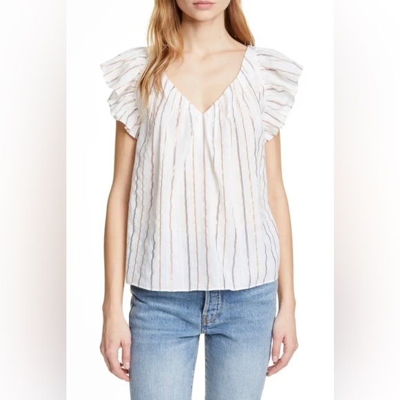 La Vie Rebecca Taylor Metallic Stripe Flowy Peasant Blouse Size Medium - Picture 1 of 7